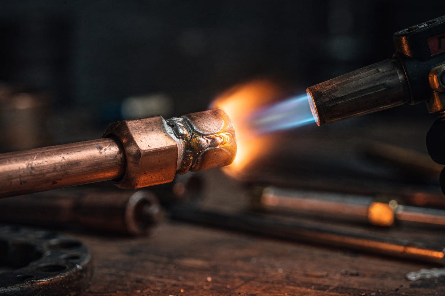 Copper pipe being soldered with a propane torch