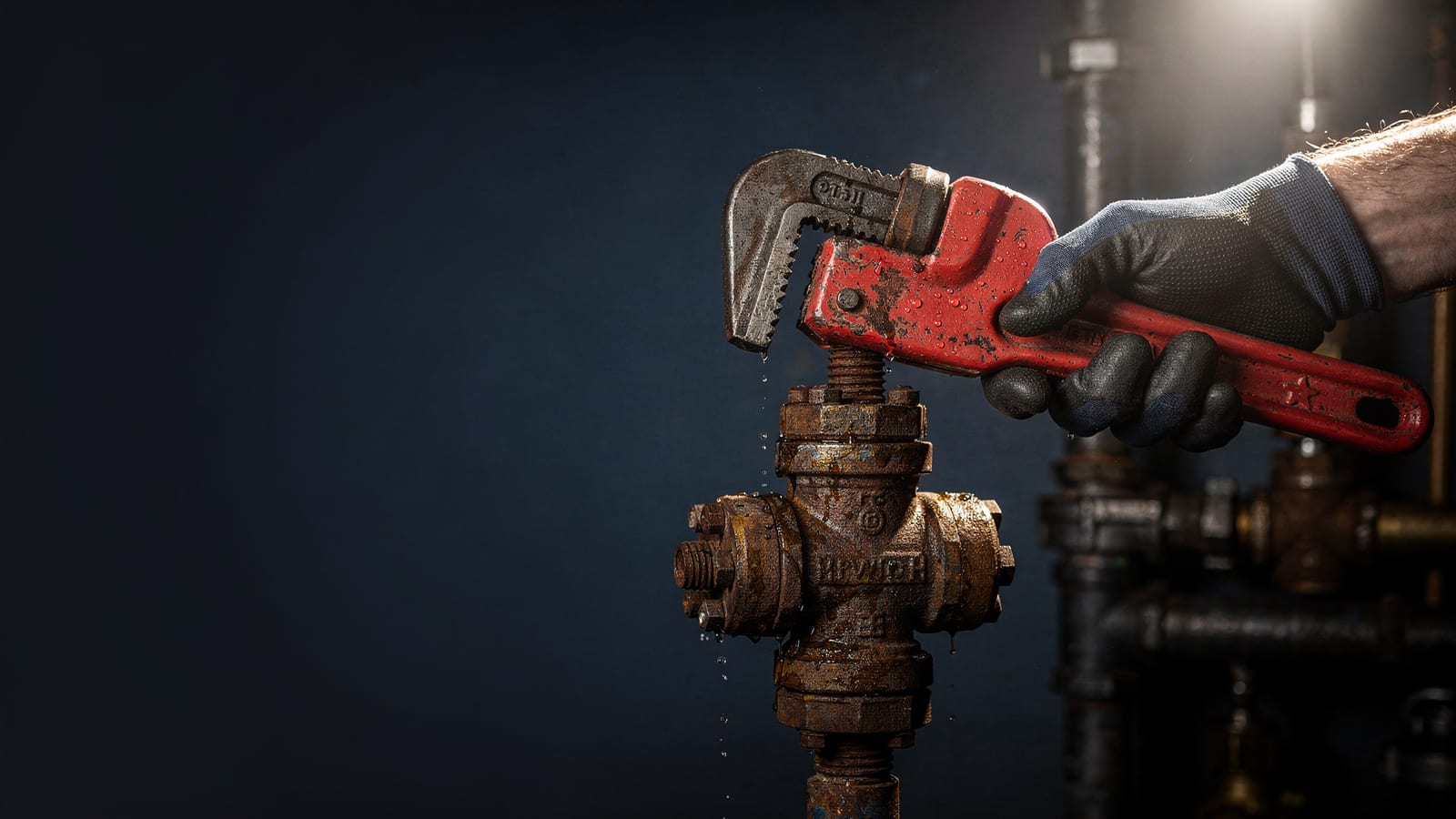 A plumber's wrench gripping a corroded valve in a dark utility room