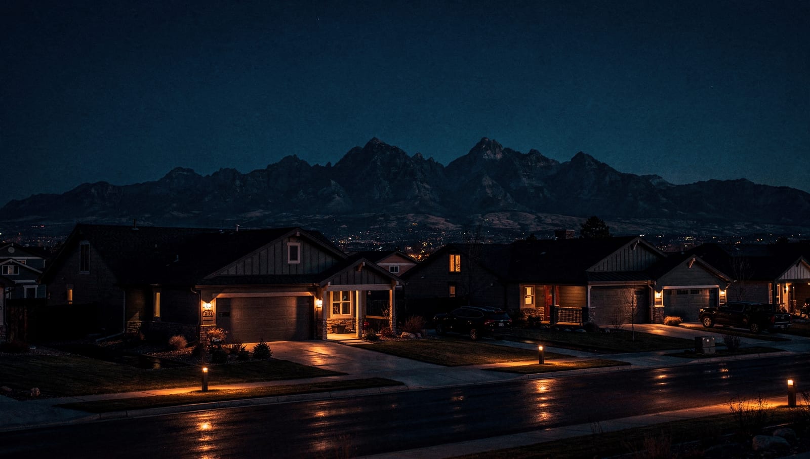 A quiet Littleton neighborhood at dusk beneath the Front Range