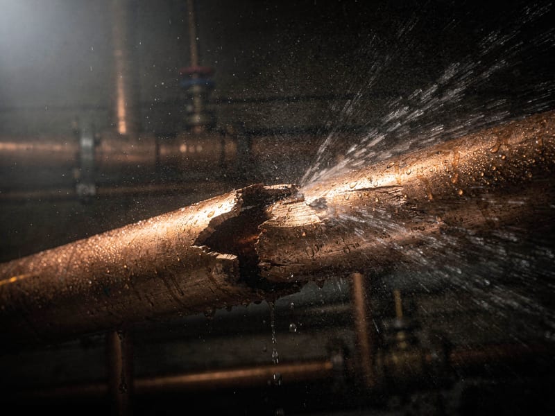 A burst copper pipe spraying water in a dark utility room